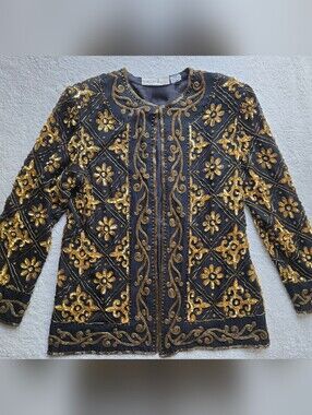 Vintage Scala Black Silk Beaded Jacket Gold Sequin Evening Formal Womens M